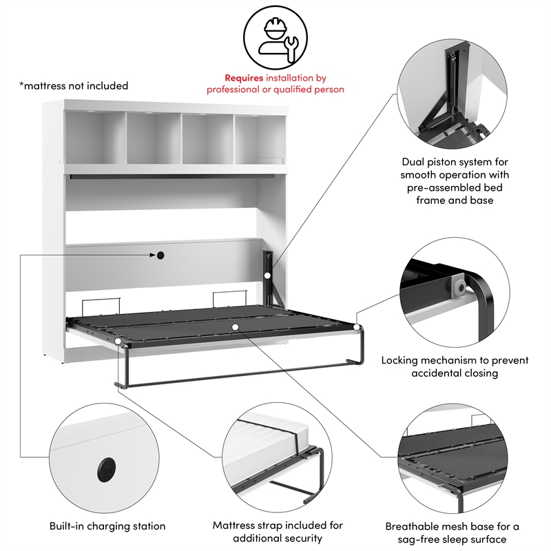 Pur 80W Full Horizontal Murphy Bed with Overhead Storage - Engineered Wood