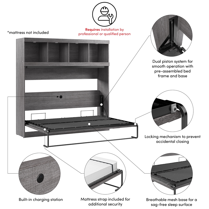 Pur 80W Full Horizontal Murphy Bed with Overhead Storage - Engineered Wood