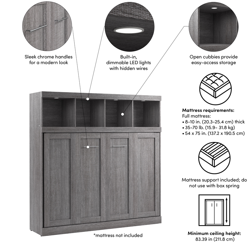 Pur 80W Full Horizontal Murphy Bed with Overhead Storage - Engineered Wood