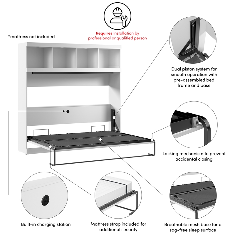 Pur 85W Queen Horizontal Murphy Bed with Overhead Storage - Engineered Wood