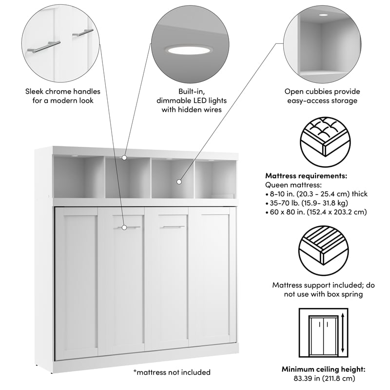 Pur 85W Queen Horizontal Murphy Bed with Overhead Storage - Engineered Wood