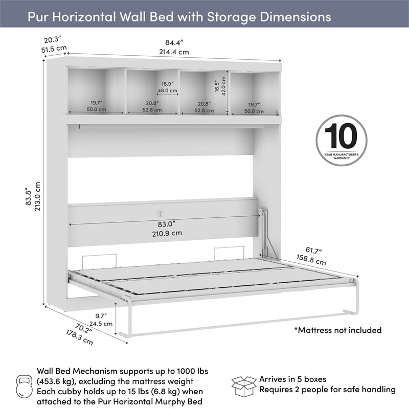 Pur 85W Queen Horizontal Murphy Bed with Overhead Storage - Engineered Wood