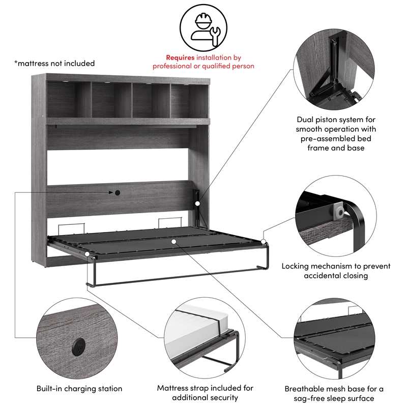 Pur 85W Queen Horizontal Murphy Bed with Overhead Storage - Engineered Wood