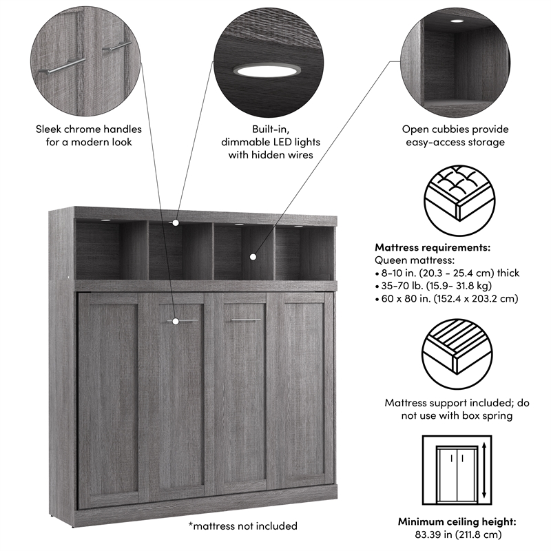 Pur 85W Queen Horizontal Murphy Bed with Overhead Storage - Engineered Wood