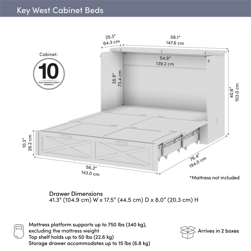Key West 59W Full Murphy Cabinet Bed with Pullout Drawer - Engineered Wood