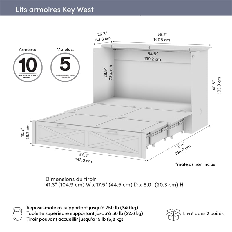 Key West 59W Full Murphy Cabinet Bed with Pullout Drawer - Engineered Wood