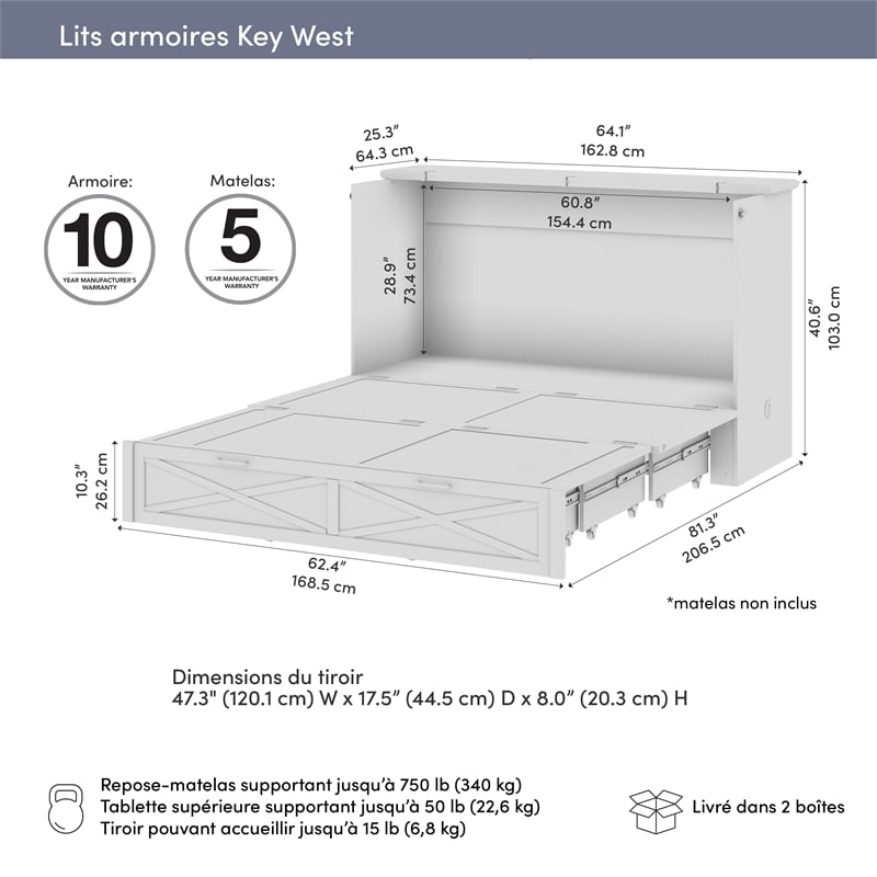 Key West 65W Queen Murphy Cabinet Bed with Pullout Drawer - Engineered Wood