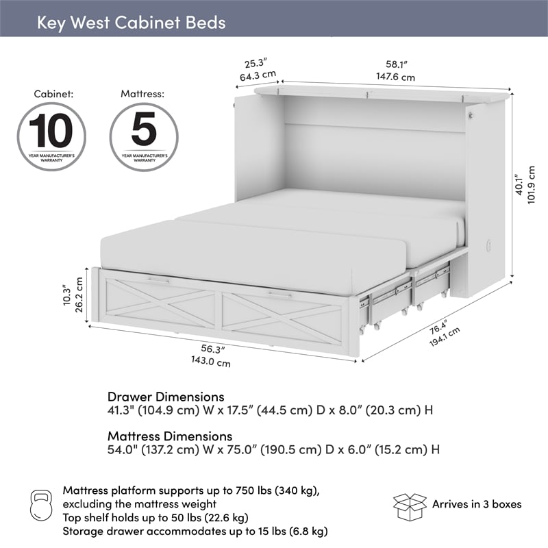 Key West 59W Full Murphy Cabinet Bed with Drawer Mattress - Engineered Wood