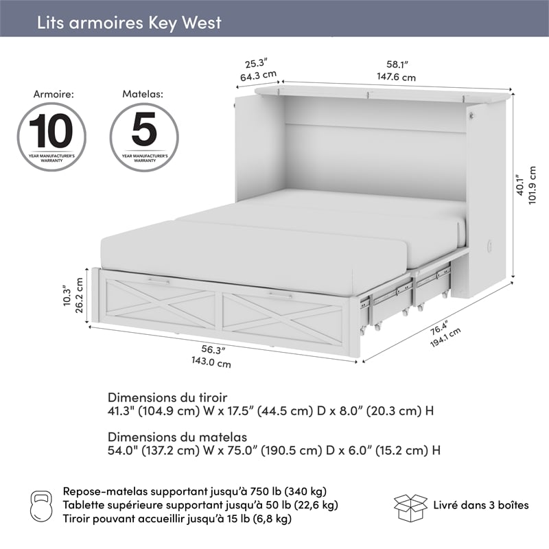Key West 59W Full Murphy Cabinet Bed with Drawer Mattress - Engineered Wood