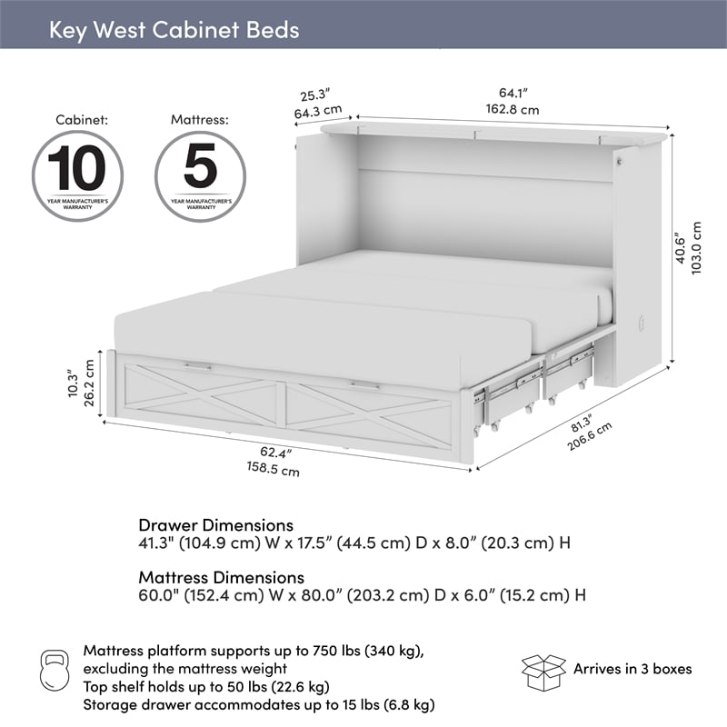 Key West 65W Queen Murphy Cabinet Bed with Drawer Mattress - Engineered Wood
