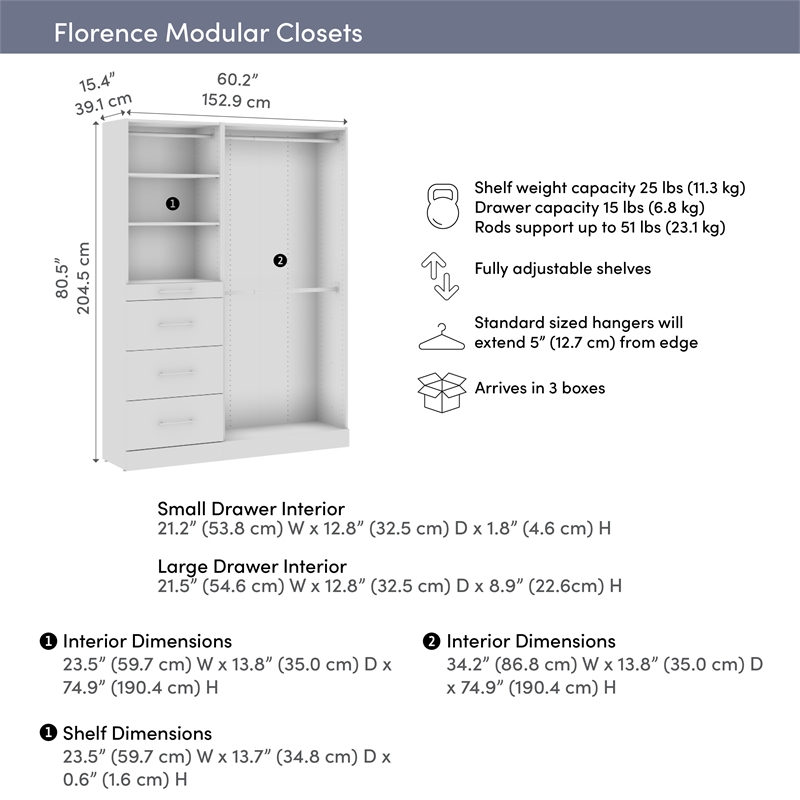 Florence 61W x 16D Closet System with Rods Drawers Slab - Engineered Wood
