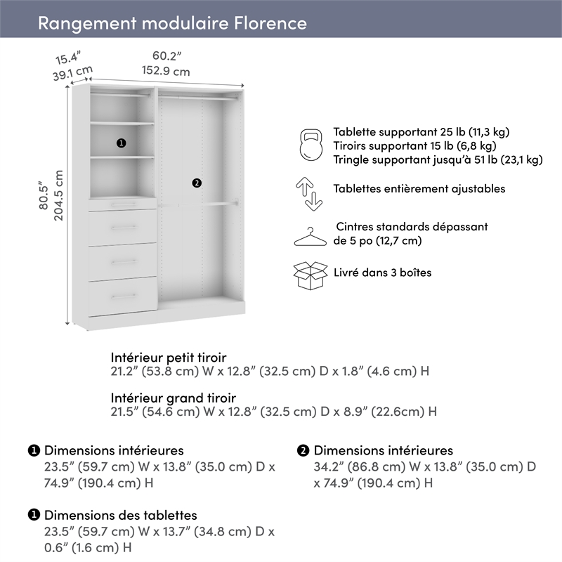 Florence 61W x 16D Closet System with Rods Drawers Slab - Engineered Wood