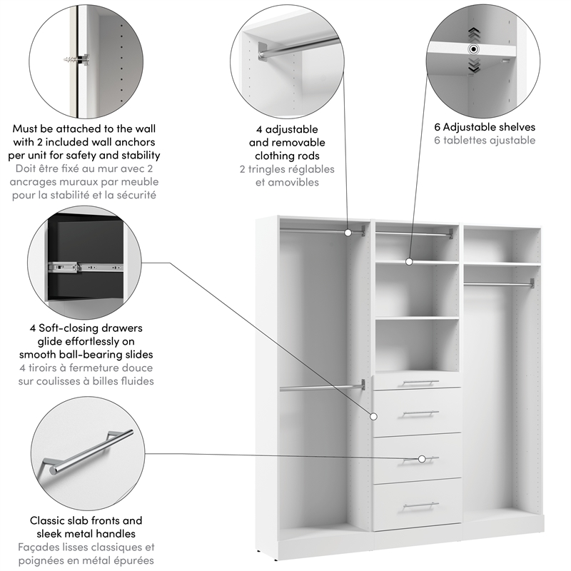 Florence 75W x 16D Closet System with Rods Drawers Slab - Engineered Wood