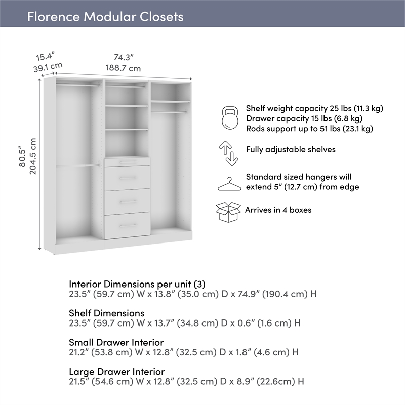 Florence 75W x 16D Closet System with Rods Drawers Slab - Engineered Wood