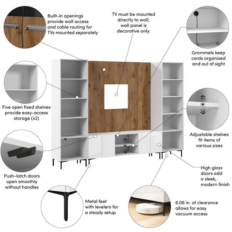 118W TV Stand Media Storage Towers and Small Wall Panel - Engineered Wood