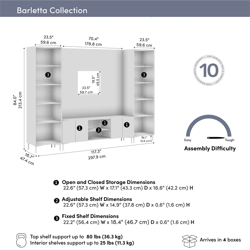 118W TV Stand Media Storage Towers and Small Wall Panel - Engineered Wood