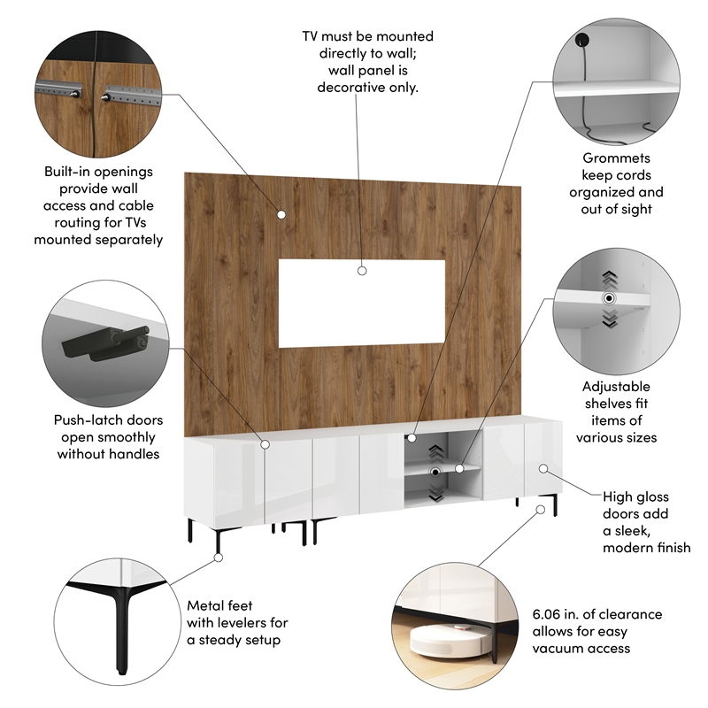 94W TV Stand Storage Cabinet and Large Wall Panel - Engineered Wood