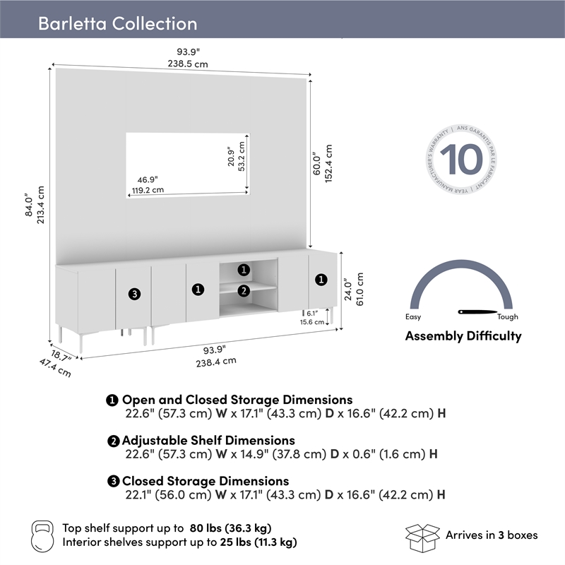 94W TV Stand Storage Cabinet and Large Wall Panel - Engineered Wood