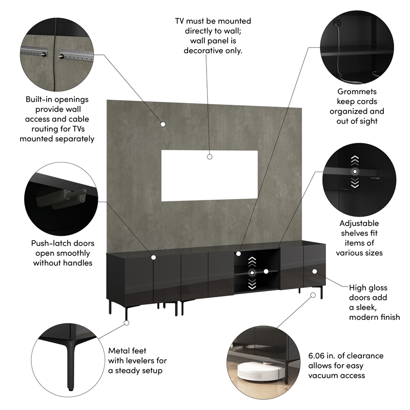 94W TV Stand Storage Cabinet and Large Wall Panel - Engineered Wood