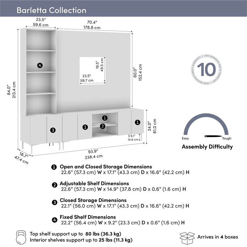 94W TV Stand Storage Cabinet Hutch and Small Wall Panel - Engineered Wood