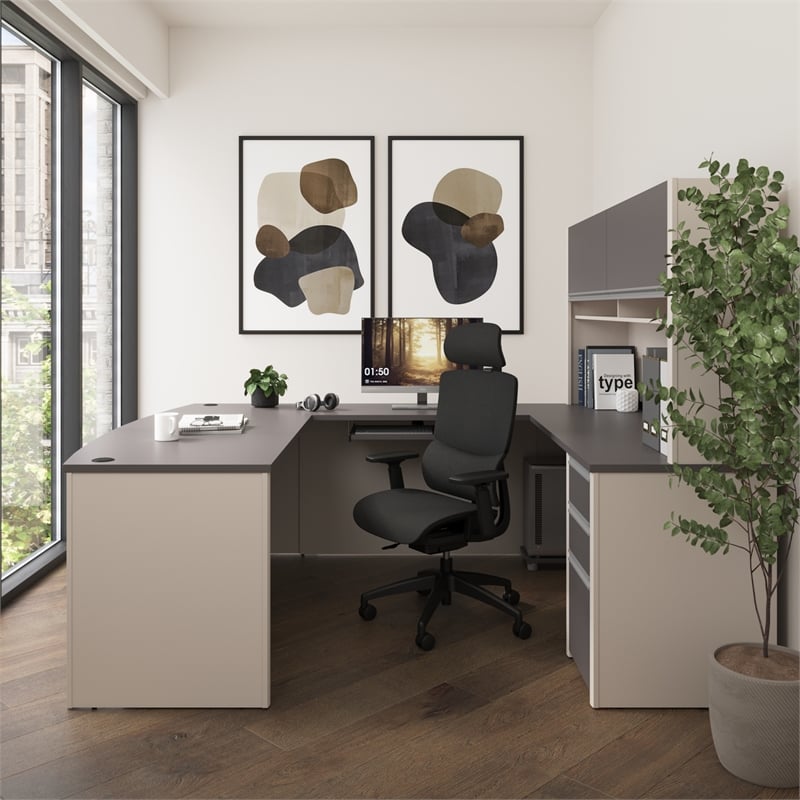Connexion U Shaped Desk with Hutch in Slate and Sandstone - Engineered Wood