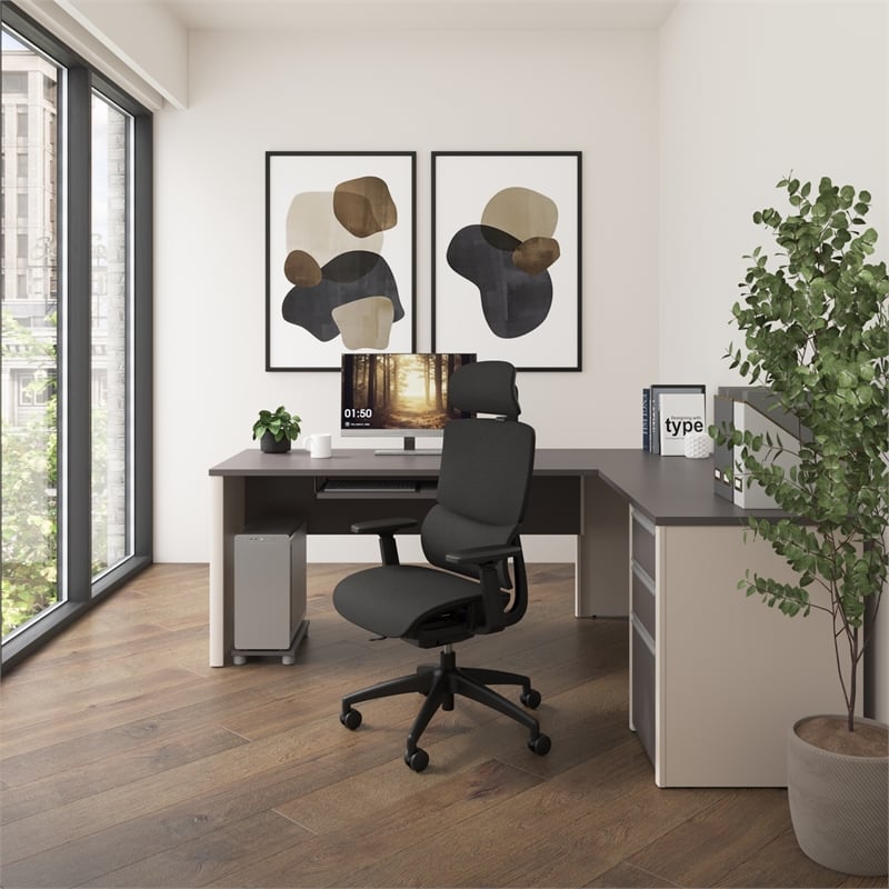 Connexion L Shaped Desk with Drawers in Slate and Sandstone - Engineered Wood