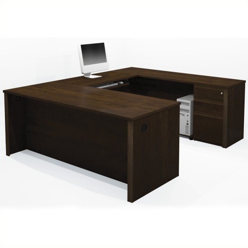 Bestar Prestige 5 Piece U Shape Desk In Chocolate With Assembled Pedestal