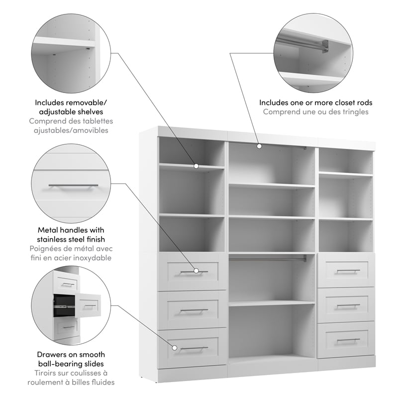 Bestar Pur 86W Closet Organizer with Drawers in White - Engineered Wood
