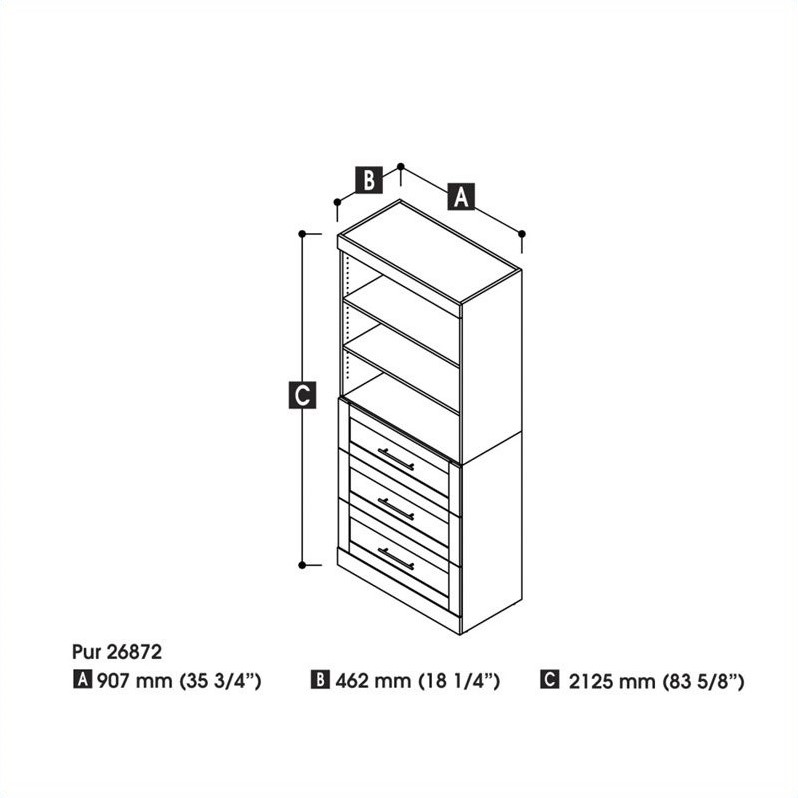 Bestar Pur 36 Storage Unit with 3-Drawer Set in Chocolate