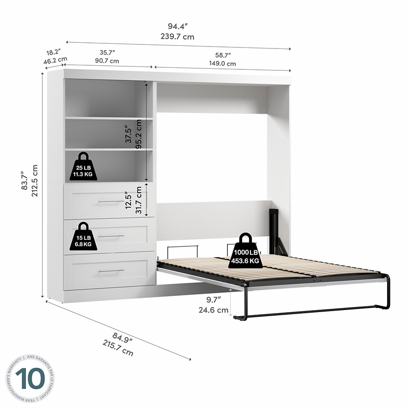 Bestar Pur Full Murphy Bed and Shelving Unit with Drawers (95W) in White