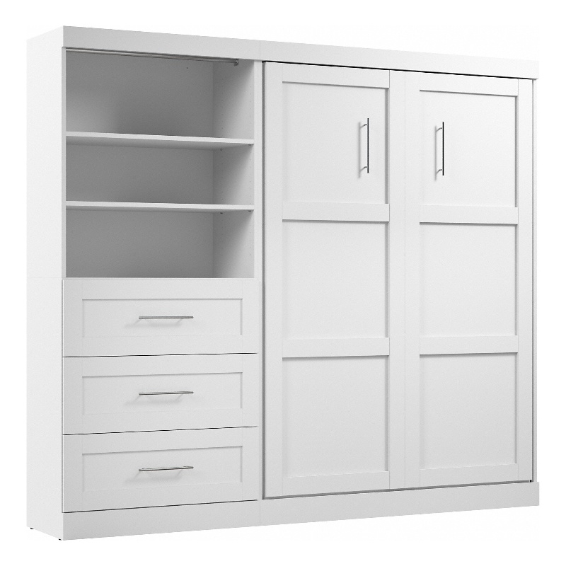 Bestar Pur Full Murphy Bed and Shelving Unit with Drawers (95W) in White