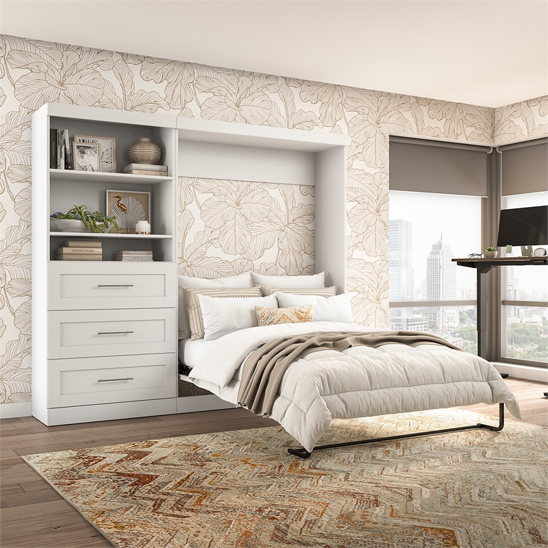 Bestar Pur Full Murphy Bed and Shelving Unit with Drawers (95W) in White
