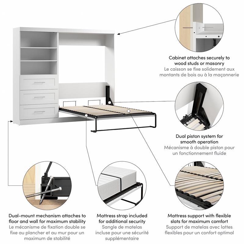 Bestar Pur Full Murphy Bed and Shelving Unit with Drawers (95W) in White