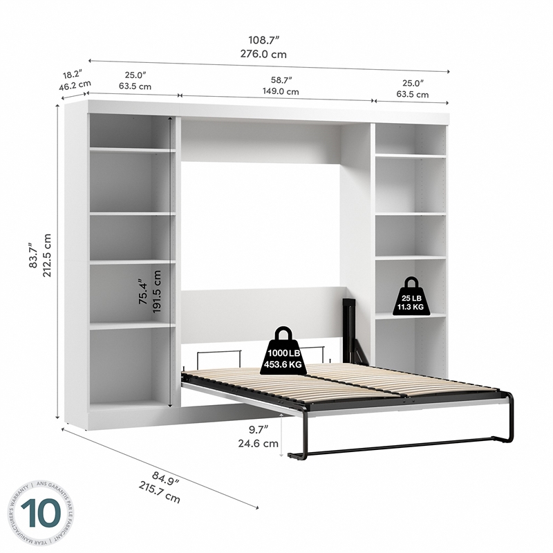 Bestar Pur Full Murphy Bed with 2 Shelving Units (109W) in White