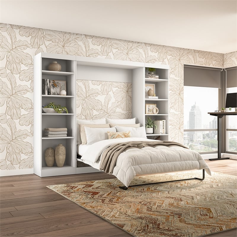 Bestar Pur Full Murphy Bed with 2 Shelving Units (109W) in White