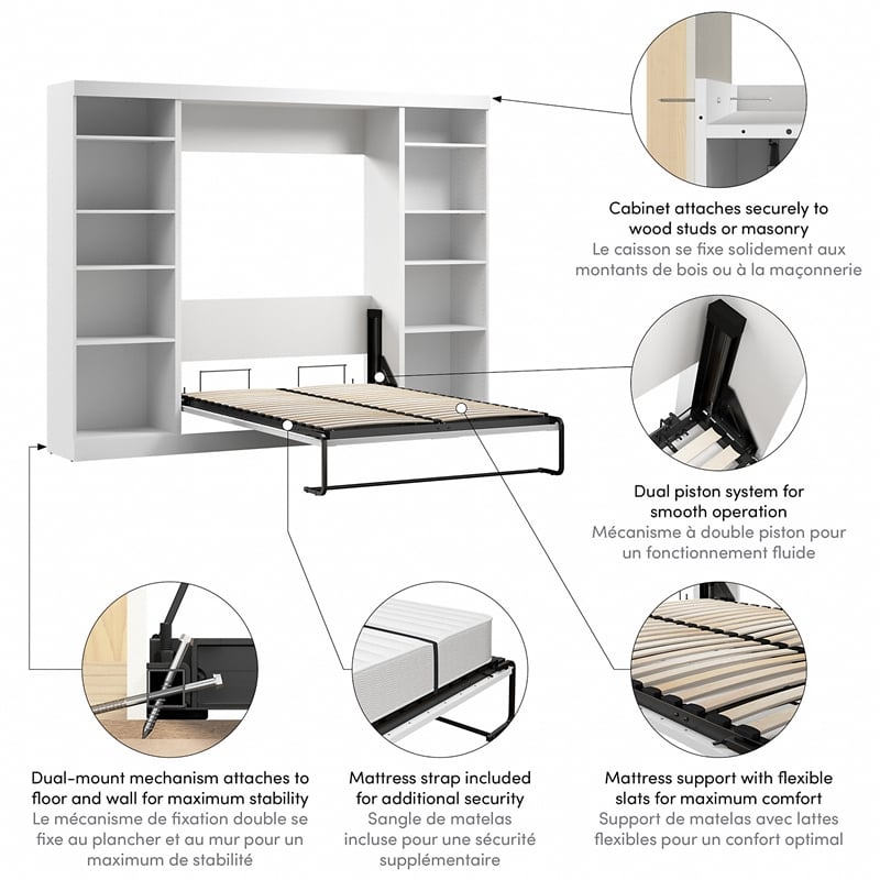Bestar Pur Full Murphy Bed with 2 Shelving Units (109W) in White