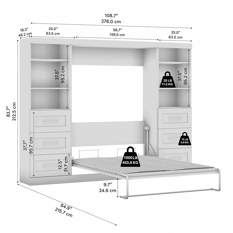 Bestar Pur Full Murphy Bed and 2 Shelving Units with Drawers (109W) in White