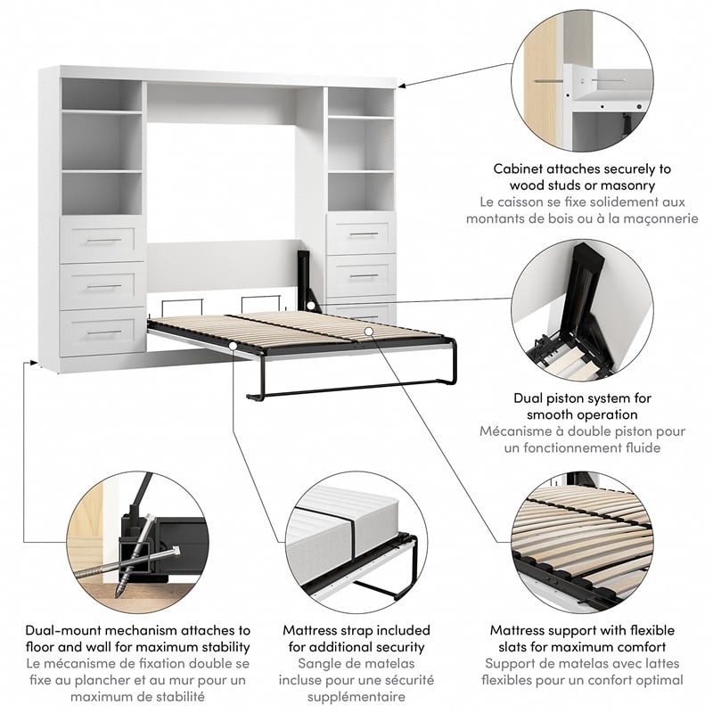 Bestar Pur Full Murphy Bed and 2 Shelving Units with Drawers (109W) in White