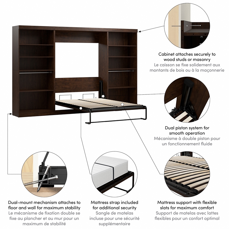Bestar Pur Full Murphy Bed with 2 Shelving Units (131W) in Chocolate