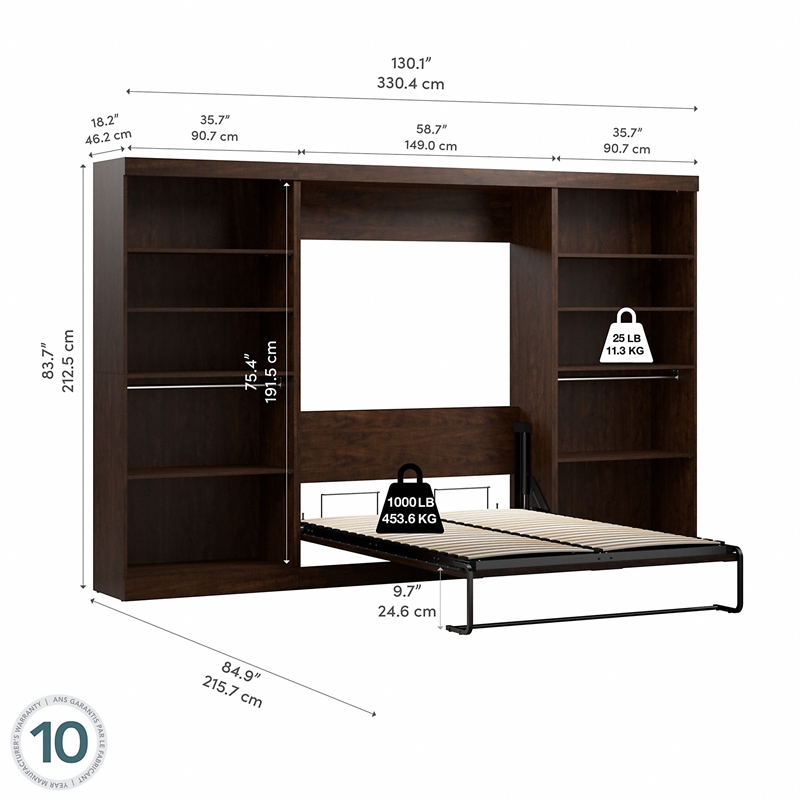 Bestar Pur Full Murphy Bed with 2 Shelving Units (131W) in Chocolate