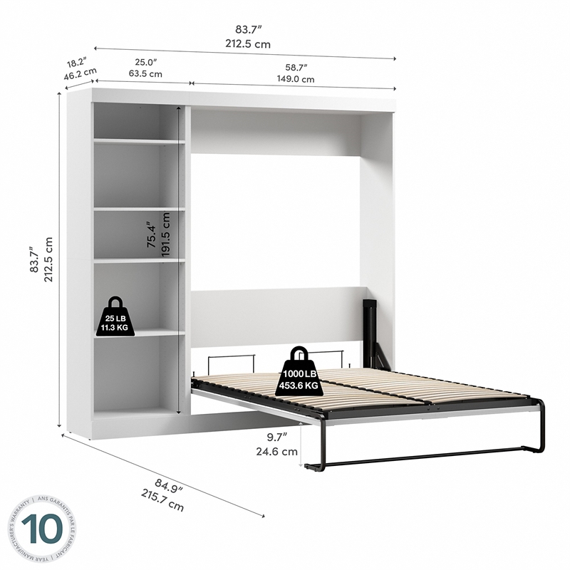 Bestar Pur Full Murphy Bed with Shelving Unit (84W) in White