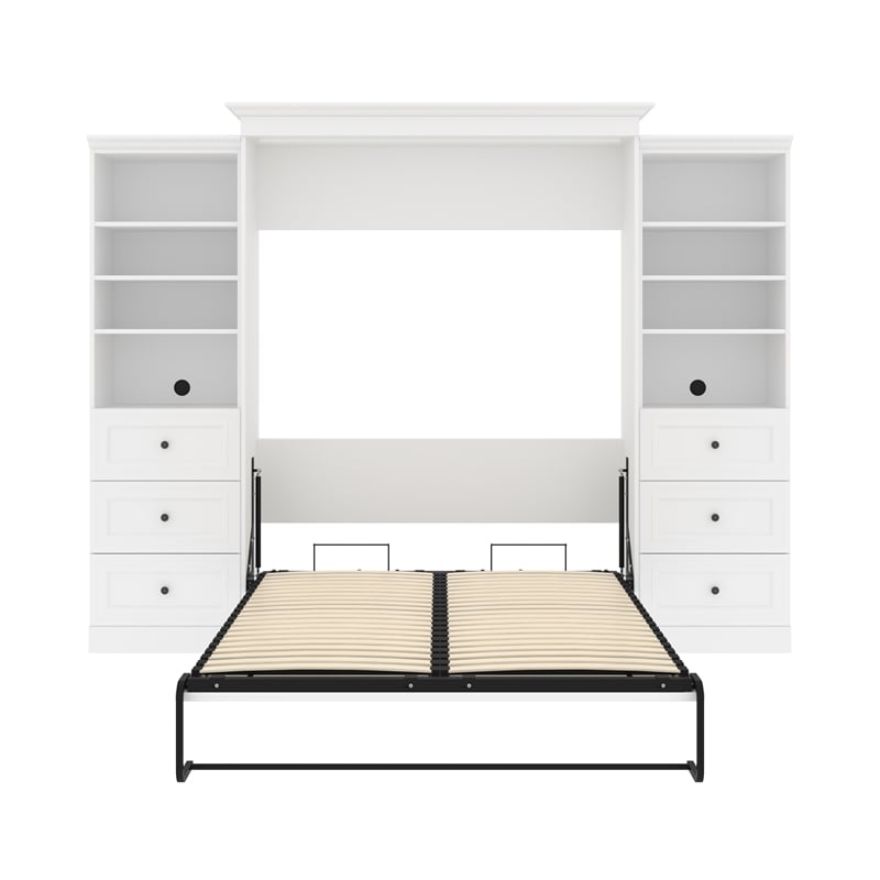 Bestar Versatile Wood Queen Murphy Bed and 2 Organizers with Drawers in White