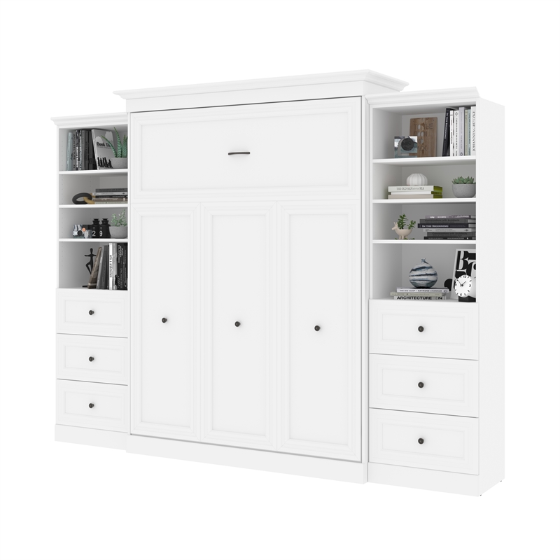 Bestar Versatile Wood Queen Murphy Bed and 2 Organizers with Drawers in White
