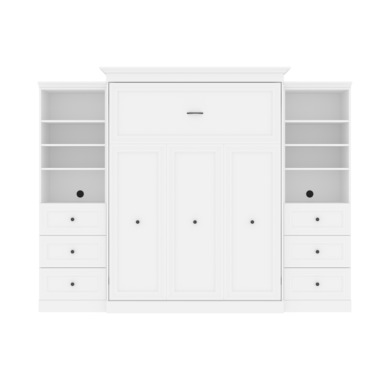 Bestar Versatile Wood Queen Murphy Bed and 2 Organizers with Drawers in White