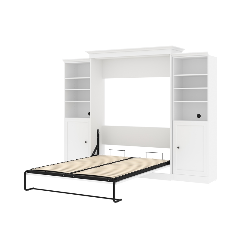 Bestar Versatile Wood Queen Murphy Bed and 2 Organizers with Doors in White