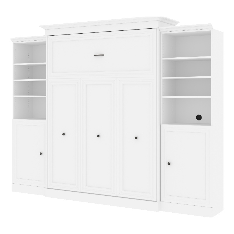 Bestar Versatile Wood Queen Murphy Bed and 2 Organizers with Doors in White