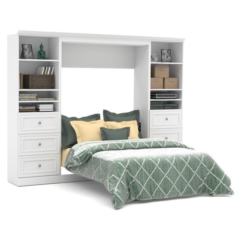 Bestar Versatile Wood Full Murphy Bed and 2 Organizers with Drawers in White