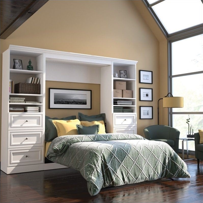 Bestar Versatile Wood Full Murphy Bed and 2 Organizers with Drawers in White