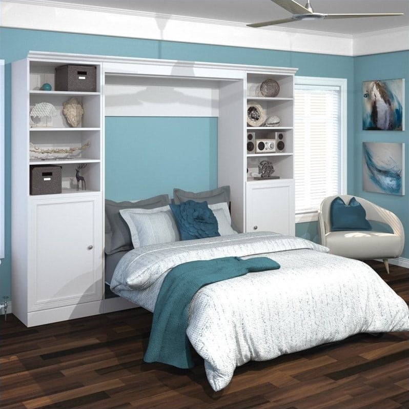 Bestar Versatile 109\u002639;\u002639; Full Wall Bed with 2 Piece 2 Door Storage Unit in White  4089417