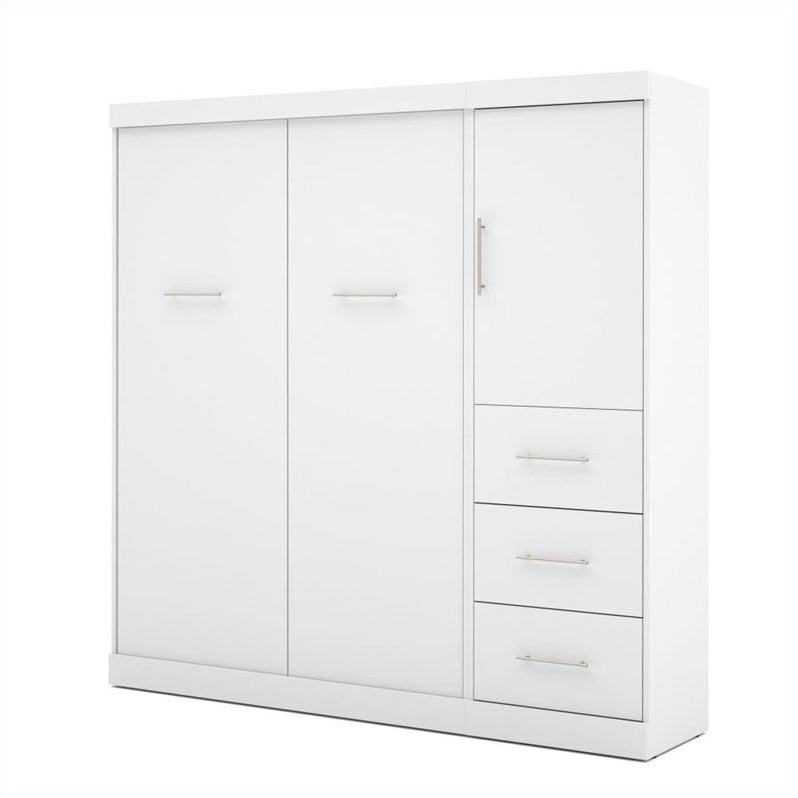 Bestar Nebula 84W Engineered Wood Full Wall Bed Set with 3 Drawer Set in White